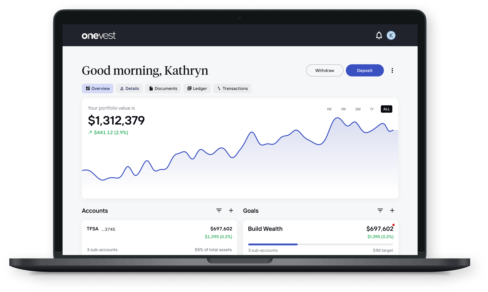 OneVest Client Portal screen on desktop